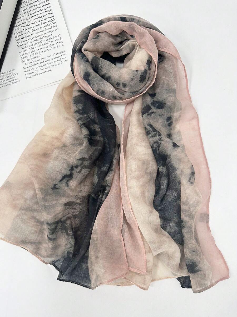 女士扎染黑色透气印花围巾 - 粉色 - 查看 1