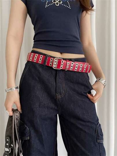 1pc Women's Punk Y2K Design Rivet Waist Belt, Buckle-Free Unique Personalized Denim Belt, Heavy-Duty Slimming Leather Belt For Daily Wear