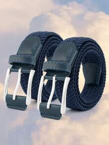 2 件复古休闲编织腰带，1.3/0.8 英寸，柔软透气户外时尚百搭腰带，配锌合金扣，弹性织带无孔设计可调节，男女通用