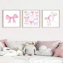 3 Pieces Pink Bow Canvas Poster Print, Aesthetic Nordic Wall Art, Girl's Bedroom Decor, Apartment And Nursery Wall Decor, Birthday Gift Unframed - 白色 - 查看 3