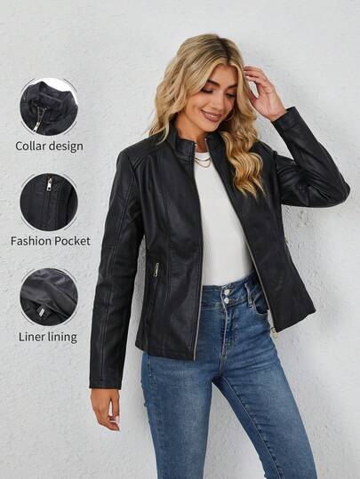 Giolshon Plus Size Women Casual Fashion Motorcycle Jacket, Suitable For Commuting And Street Photography, Faux Leather Jacket For Autumn/Winter