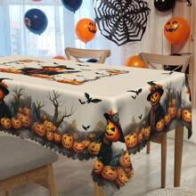 1pc Halloween Tablecloth, Pumpkin, Scarecrow, Ghost, Bat, Vintage Style, Round And Rectangular Tablecloth, Suitable For Halloween Decoration, Autumn Decoration, Farmhouse Decor, For Indoor And Outdoor Daily Gatherings, Lunch And Dinner Use