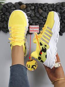 2025 New Fashion Women's Leopard Print Sneakers, Breathable Lace-Up Casual Thick Sole Running Shoes, Versatile Classic Breathable Shoes, Plus Size White Athletic Shoes - Yellow - View 5