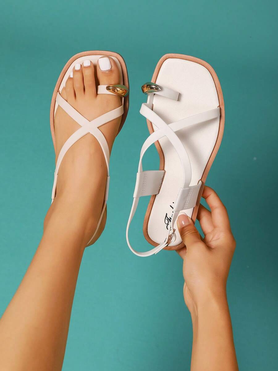 Giày Sandal Nữ Thanh Lịch 2025, Giày Sandal Đế Bằng Thời Trang Mùa Hè Quai Mắt Cá Chân Màu Khối, Giày Mùa Hè Cho Nữ, Giày Mùa Xuân Cho Kỳ Nghỉ Xuân Phục Sinh, Giày Thường Ngày Giày Đi Biển, Quà Tặng Ngày Của Mẹ Mùa Xuân Hè Khóa Kim Loại Thời Trang Mới Quai Giày Sandal Đế Bằng La Mã Thường Ngày Chống Trượt Cho Nữ - Màu be - Xem 1