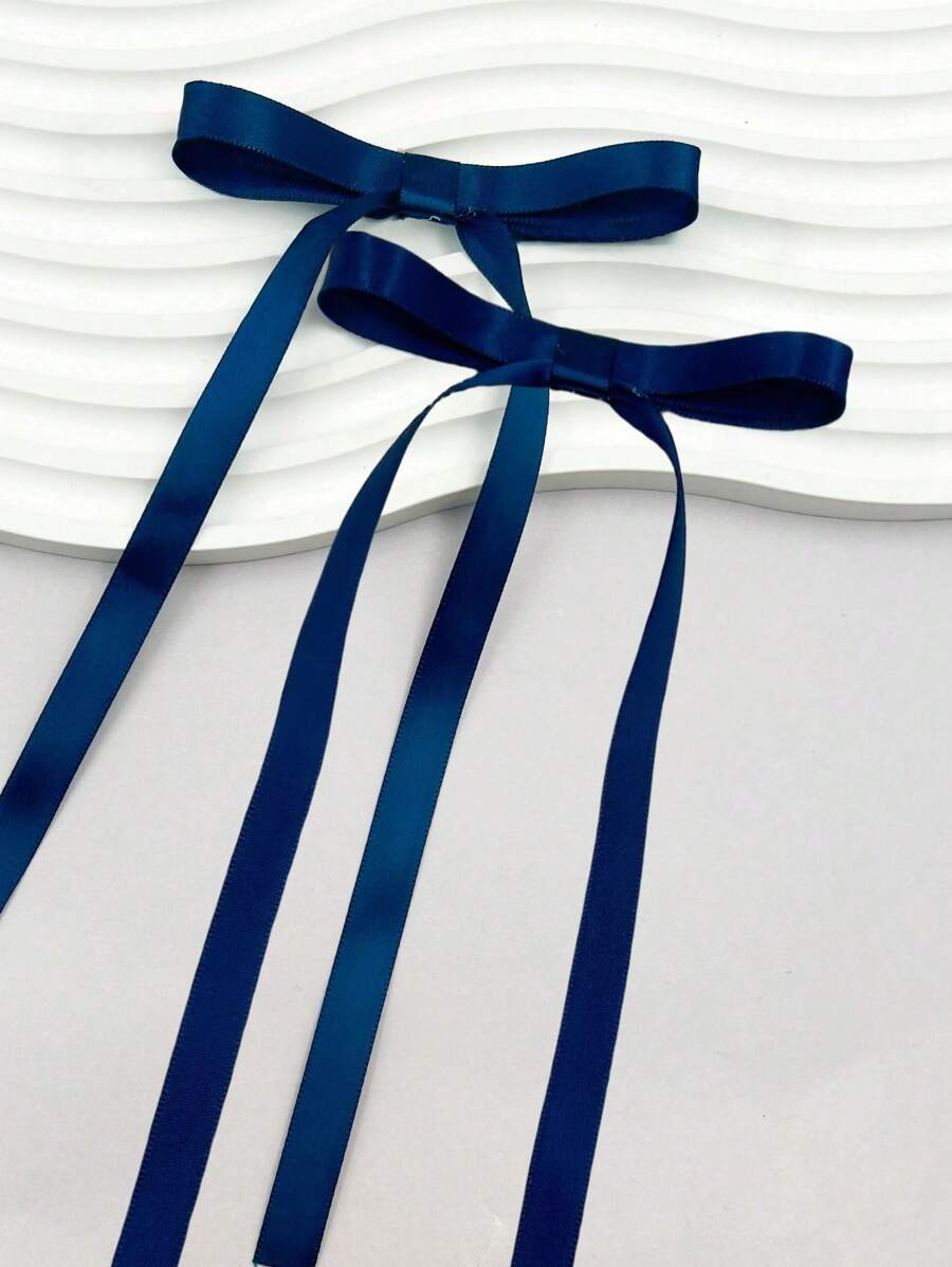 2pcs Ballet Style Long Ribbon Bow Hair Clips, Fashionable & Cute Hair Accessories For Women, Suitable For Any Occasion, Claw Clips, Hair Claws, Hair Slide, Hair Barrettes - Navy Blue - View 1