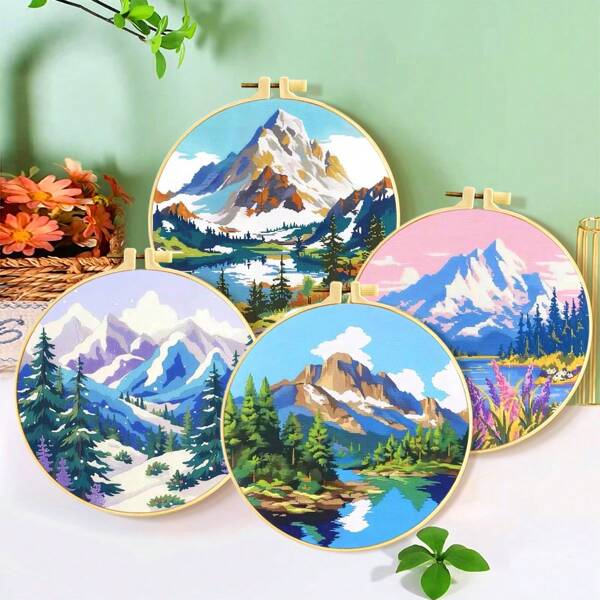 1 Set Printed Cross Stitch Kit Featuring Landscape, Mountain, Sun, Moon & Plants, 11CT Mid-Grid 3-Strand Embroidery Starter Kit, Suitable For Bedroom Or Living Room Decor