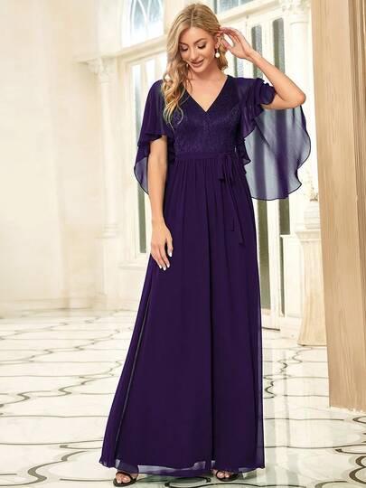 EVERPRETTY Vestido de dama de honor de gasa con mangas de volantes y panel de encaje en color morado oscuro, vestido de invitada de boda elegante