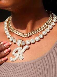 2Pcs Cuban Link Chain For Women Cursive Silver Initial Necklace Cuban Link Necklace For Women Hip Hop Iced Out Chain Necklace Bling Diamond 14mm Cuban Chain Letter Name Hip Hop Jewelry Gift - 套裝項鍊 - 查看 9