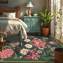 Plant Print Carpet Vintage Floral Carpet Anti-Fouling Anti-Slip Low Pile Foldable Thin Carpet Vintage Decorative Carpet For Bedroom Dining Room Office Corridor - 綠色 - 查看 4