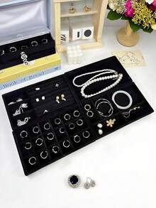 9/1 Pc, Black Velvet Jewelry Tray, Large Capacity Jewelry Storage Box, Independent Compartments, Stackable Jewelry Display Stand, Can Accommodate Earrings, Necklaces, Bracelets, Rings, Hairpins, Hair Bands, Etc. Valentine's Day Velvet Jewelry Tray - Beige - View 4