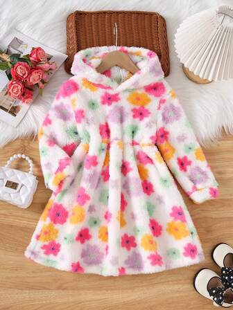 少女彩色印花双面羊毛保暖舒适收腰长袖连衣裙，秋冬