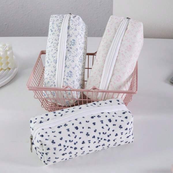 1 pieza Estuche de lápices minimalista con estampado floral rosado, organizador de papelería para estudiantes, bolsa cosmética azul