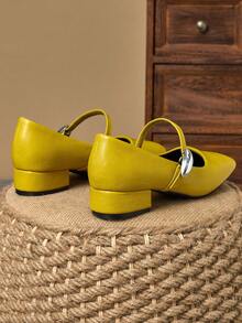 MonaNise 女士3厘米布面包跟黑色时尚百搭玛丽珍低跟粗跟优雅平底鞋，另有藏蓝色、咖啡色、酒红色可选 - 黃色 - 查看 6