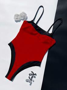 女士红黑吊带时尚连体泳衣，适合度假海滩夏季穿着 - 紅黑色 - 查看 2