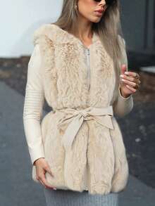 Giolshon 女士优雅仿毛皮连帽外套，带口袋和腰带，适合秋冬季穿着 - 米色 - 查看 6