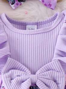Baby Girl 2pcs Set Sweet Butterfly & Flower Print Ruffle Hem Long Sleeve Bodysuit Dress With Bow Hair Tie - Purple - View 4