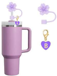 2pcs/Set Heart & Letter Hawthorn Flower Straw Topper, Silicone Hawthorn Flower Reusable Straw Topper For Large 10mm Straws, Cute Letter Accessory Suitable For Modern Minimalist Glass Cups, Mother's Day Gift - Purple - View 17