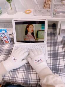 Winter New Women's Mink Wool Knitted Embroidery Cute Finger Touch Screen Smiling Gloves For Warmth And Cold Protection