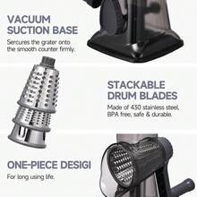 3-In-1 Rotary Food Processor - Manual Cheese Grater & Vegetable Slicer Set With Interchangeable Blades, Professional Grade For Kitchen/Restaurant, Effortless Shredding For Hard Cheese, Nuts, Chocolate Blocks - Dark Grey TSP - View 6