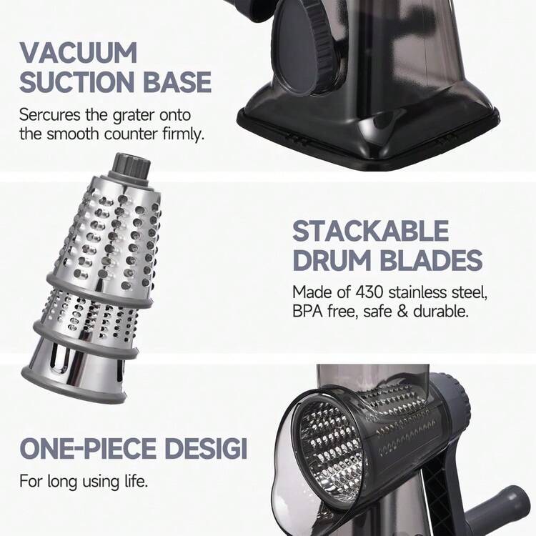 3-In-1 Rotary Food Processor - Manual Cheese Grater & Vegetable Slicer Set With Interchangeable Blades, Professional Grade For Kitchen/Restaurant, Effortless Shredding For Hard Cheese, Nuts, Chocolate Blocks - TSP xám đậm - Xem 6