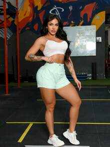 Double Zipper Shorts With Pocket Gym Athletic Leggings Wide Waistband - Mint Green - View 7