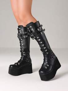 Y2K Goth Knee High Boots For Women Fashion Punk Buckle Lace-Up Platform Wedges High Heels Party Cosplay Street Boots Woman - 黑色 - 查看 8