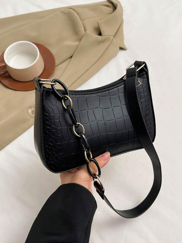 Sac à épaule mini matelassé avec motif estampé crocodile, design haut de gamme mode minimaliste pour femmes