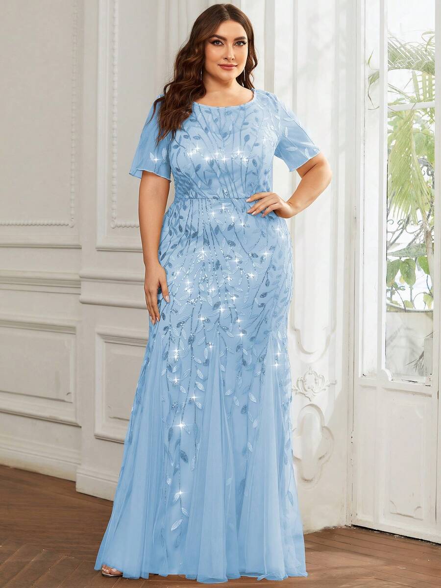 Plus Size Elegant Party Sequin Embroidered Mesh Mermaid Dress - Blue - View 1
