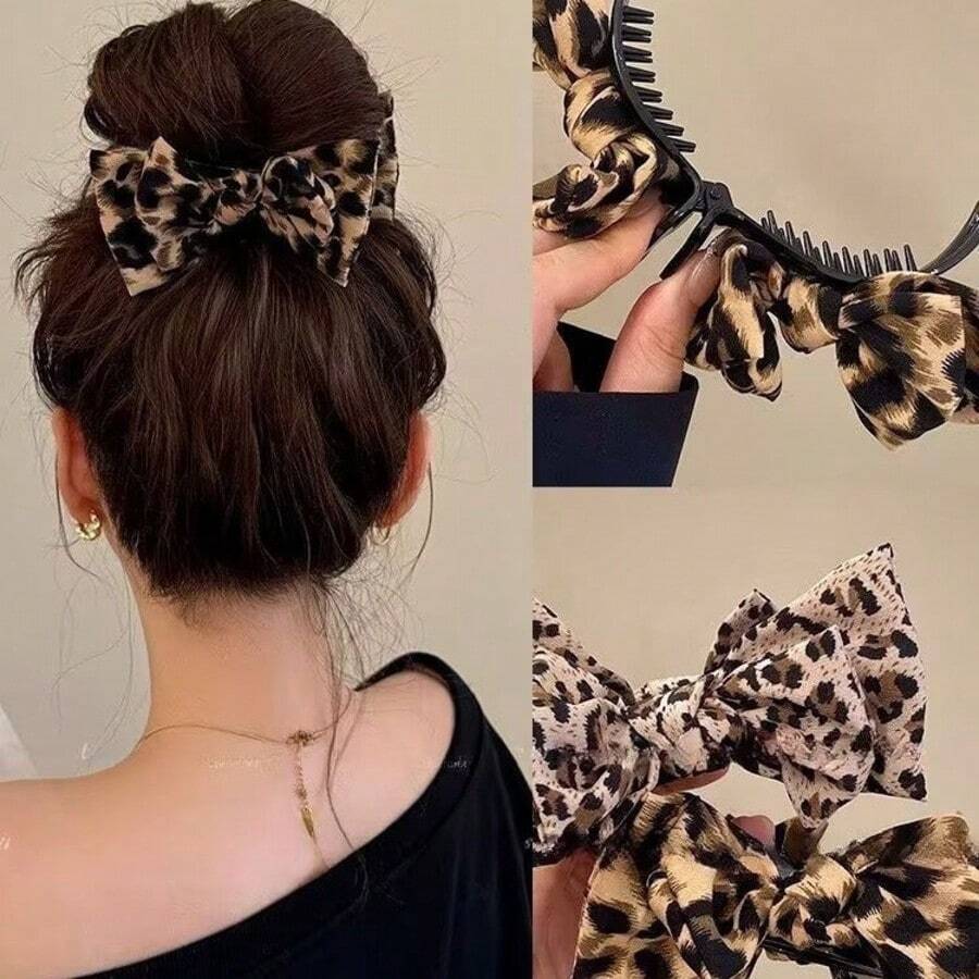 1pc Chic Leopard Print Bow Hair Claw,Large Chic Leopard Print Bow Hair Clip, Elegant Polyester & Spandex Bowknot Hair Clip, - Temperament Retro Double-Layer Big Bow Hair Clip Elegant Bow Ball Head Clip High Ponytail Fixed Clip ,Vintage-Inspired Fabric Shark Clip For Ponytails & Updos,Y2K Inspired PVC Knot For Women, Perfect Christmas Gift, Claw Clips, Hair Claws, Hair Slide, Hair Barrettes, Clips For Hair, Hair Accessories