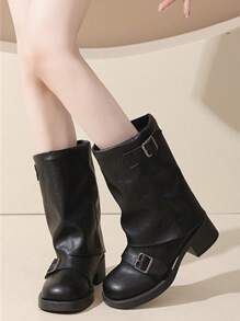 女士时尚圆头简约复古一脚蹬粗跟带扣装饰踝靴