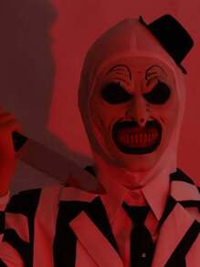 [Maschera da Pagliaccio di Ognissanti] Maschera da pagliaccio in lattice sintetico con cappello, 1 pezzo. Accessorio per costume da horror con testa intera per eventi di case infestate, rappresentazioni teatrali e feste a tema horror. Design sinistro da pagliaccio con dettagli di schizzi di sangue, cappuccio in tessuto bianco con bordi neri