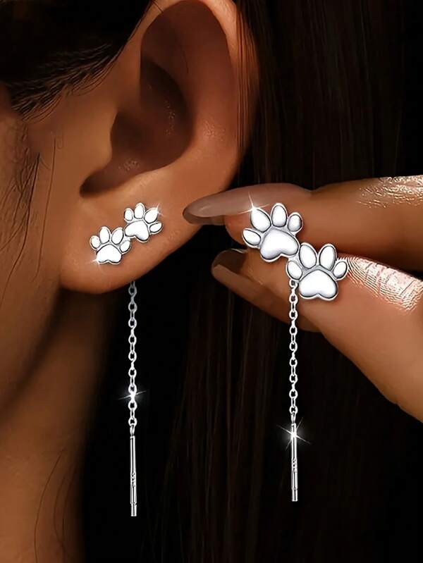 1 Pair Elegant S925 Sterling Silver Cat Paw Print Dangle Earrings, Suitable For Women Wear In Spring/Summer, Daily, Party, Graduation, Travel, Holiday, Pet Lover Gift