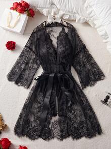Plus Size Lace & Sexy Bodysuit Combination, Perfect Sleepwear Set - màu đen - Xem 3