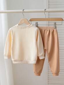 2pcs Set, Casual & Cute, Soft & Comfortable, Cartoon Bear Print, 3D Design, Round Neck Long Sleeve Sweatshirt And Solid Color Elastic Waist Pants, Toddler Boys Outfit, Baby Boys Autumn Clothing, Suitable For Daily Use, Vacation, Party, Outing