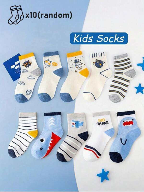 10 Pairs Random Kids' Socks, Cute Shark & Astronaut Designs, Versatile Comfortable Mid-Calf Socks
