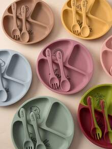 3PCS Personalized Customization Name Pattern Baby Food Storage Portable Fork Spoon Print On Demand Silicone Baby Dishes Custom Suction Dining Plate,Chic Autumn,Kids,Customized Kids Tableware - Multicolor - View 4