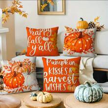 4pcs Festive Autumn Thanks Giving Harvest Pumpkin Pillow Covers, Room Decor, Suitable For Living Room And Bedroom, Comfortable Seasonal Cushion Covers, Bright Pumpkin Maple Leaf Pattern Design, Suitable For Home To Create A Festive Atmosphere, Fall Decor, Is Gift For Family, Friends And Colleagues, Single-Sided Printing, 18x18inches, Does Not Include Pillow,Christmas Decoration