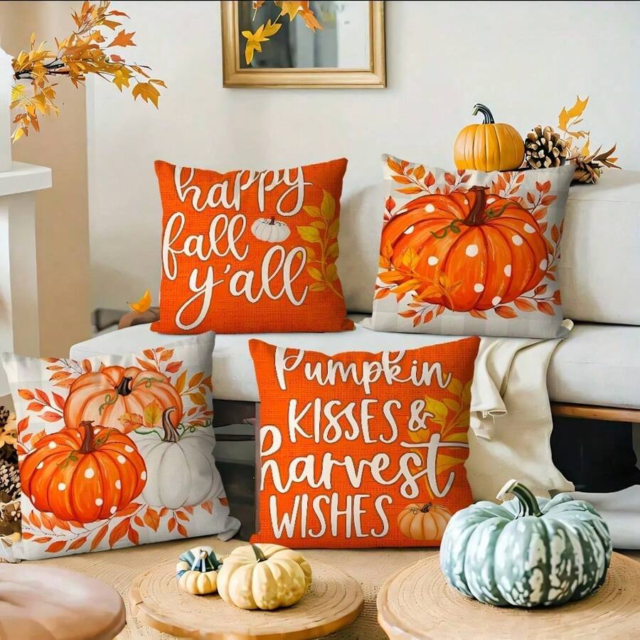 4pcs Festive Autumn Thanks Giving Harvest Pumpkin Pillow Covers, Room Decor, Suitable For Living Room And Bedroom, Comfortable Seasonal Cushion Covers, Bright Pumpkin Maple Leaf Pattern Design, Suitable For Home To Create A Festive Atmosphere, Fall Decor, Is Gift For Family, Friends And Colleagues, Single-Sided Printing, 18x18inches, Does Not Include Pillow,Christmas Decoration