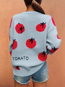 Sea Starshine Herbst/Winter Mode Lässig Pendeln Vielseitig Personalisiert Damen Tomatenmuster Farbblock Jacquard Langarm Pullover, geeignet für Herbst Country Musik Konzerte - Blau - Übersicht 5