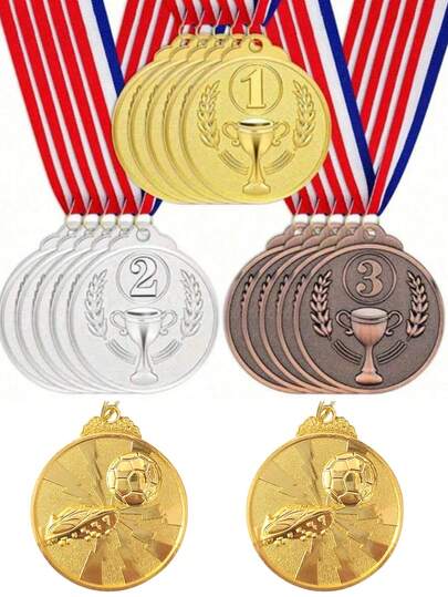 Medalhas de metal dourado/prateado/bronze de 10/6/3 peças, medalhas de futebol de 2 polegadas, adequadas para esportes, competições, festas, concursos de soletração, Natal e muito mais, prêmios perfeitos para vencedores, 1º lugar, 2º lugar, 3º lugar, com fitas de pescoço, conjunto de prêmios de medalha de ouro - estilo metálico, para competições e prêmios esportivos de futebol e basquete, lembrancinhas de festa