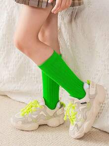 1 Pair Children's Colorful Mid-Calf Socks, Solid Color Vertical Striped Girls' Knee-High Socks, Fashion Versatile Candy Color Crew Socks, Suitable For 3-8 Years Old Boys And Girls - Multicolor - View 11