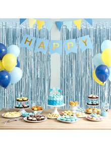 3 件装哑光浅蓝色流苏箔帘 - 3.3 英尺 x 6.6 英尺金属丝背景帘 - 蓝色流苏，适用于单身派对、新娘送礼会装饰、生日派对、照相亭 - 海岸主题、航海装饰、门廊及派对用品 - 彩色 - 查看 8