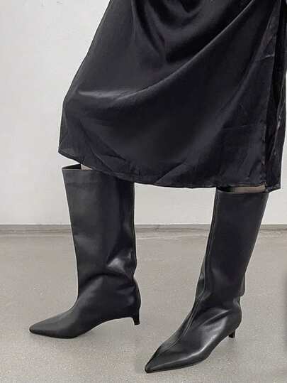 秋冬季法式博主风尖头过膝长靴，北欧风猫跟马术靴（女士款），猫跟鞋