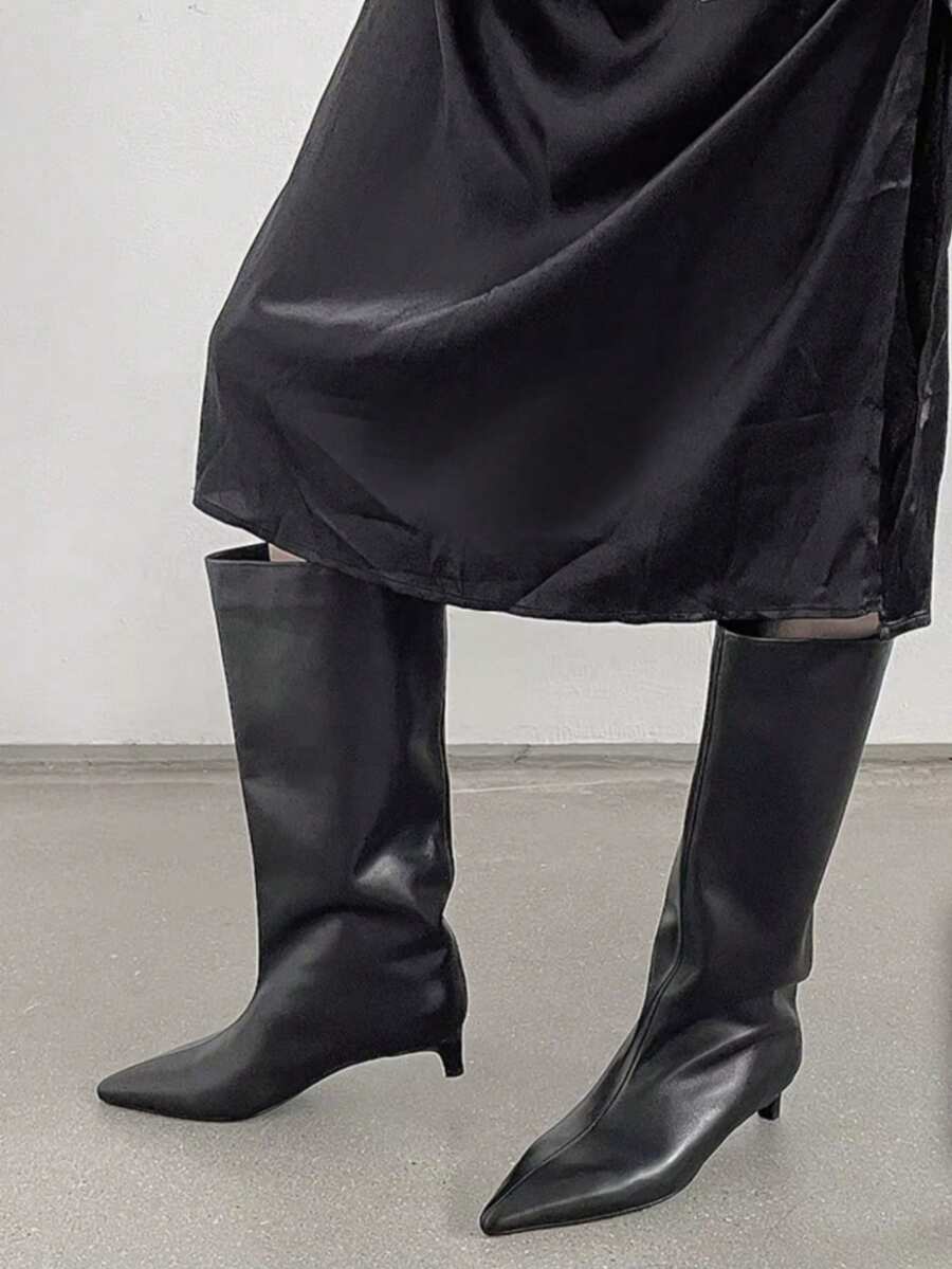 秋冬季法式博主风尖头过膝长靴，北欧风猫跟马术靴（女士款），猫跟鞋 - 黑色 - 查看 1