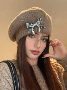 1pc Women's Bow Beret Hat, Casual Warm Knitted Fuzzy Painter Beret Cap, Large Circumference, Versatile, Suitable For Outdoor, Dating, Gathering, Daily Use, Autumn/Winter Autumn Accessories