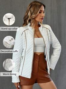 Giolshon 女士休闲连帽羽绒服，带口袋，轻便绗缝外套，适合春、秋、冬日常穿着 - 白色 - 查看 2