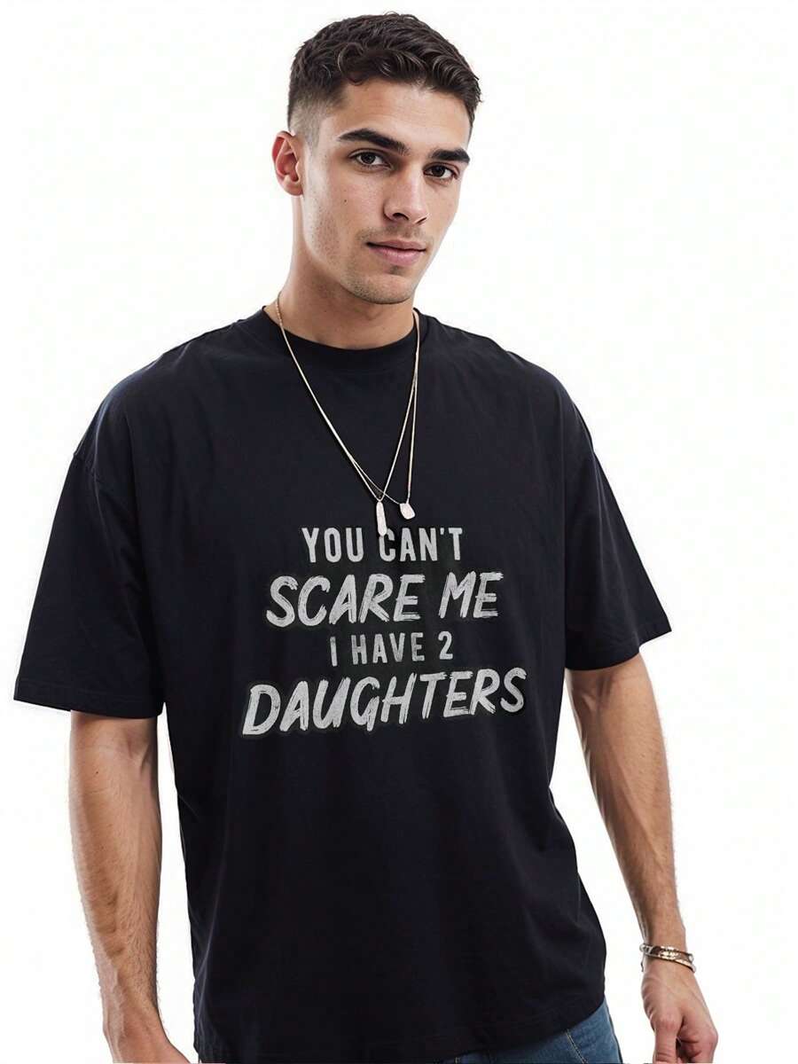 Novelty Cool Men's T Shirts Graphic You Can't Scare Me I Have 2 Daughters For Dad Casual Funny Tshirts For Men,Men Crew Neck Graphic Print Short Sleeve Casual T-Shirt,Gift For Him & Her - 黑色 - 查看 1