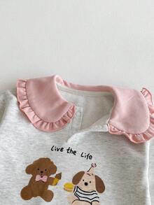 2pcs/Set Baby Girls Cute Bear & Dog Print Ruffle Collar Sweatshirt + Pink Drawstring Pants Casual Loose Outfit, Spring/Autumn