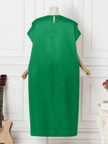 Đầm nữ cỡ lớn màu trơn cổ tròn tay cánh dơi dáng rộng thoải mái, thanh lịch cho mùa hè - màu xanh lá - Xem 2
