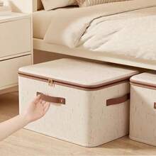 1pc Foldable Storage Box, Bedroom Storage Box With Zipper Cover, Cotton Linen Fabric With Cover Storage Basket Box, Foldable & Washable, Wardrobe Shelf Clothes Storage Container With Handle